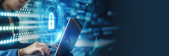 Young businesswoman securely accesses computer system, protected by strong password, firewall, antivirus software. Laptop screen displays locked padlock icon, ensuring confidentiality of sensitive