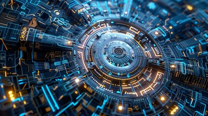 Fototapeta premium Abstract futuristic technology background with glowing blue and orange circuits.