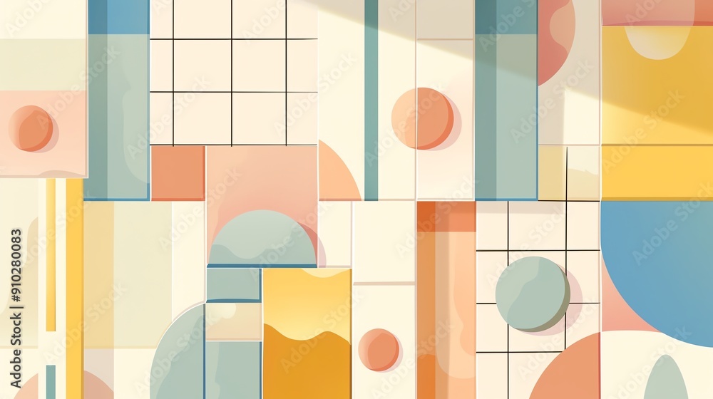 Poster abstract geometric pattern with pastel colors and a grid background.