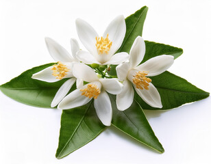 Obraz premium Orange tree flowers bunch closeup isolated on white. Neroli blossom. White citrus tree bloom