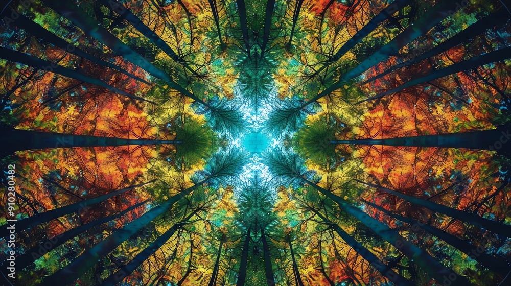Poster abstract kaleidoscope pattern of a colorful forest.