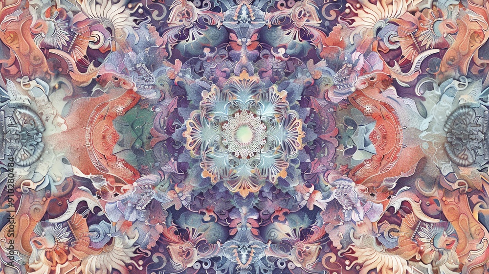 Poster abstract kaleidoscope pattern with vibrant colors and intricate details.