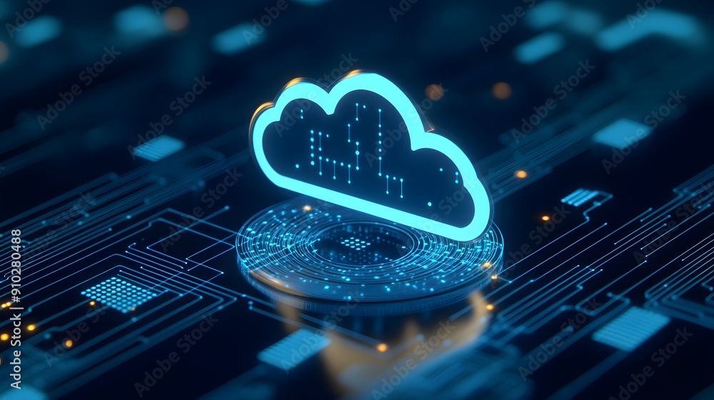 Poster digital cloud symbol over circuit board, representing cloud computing, data storage, and technology 