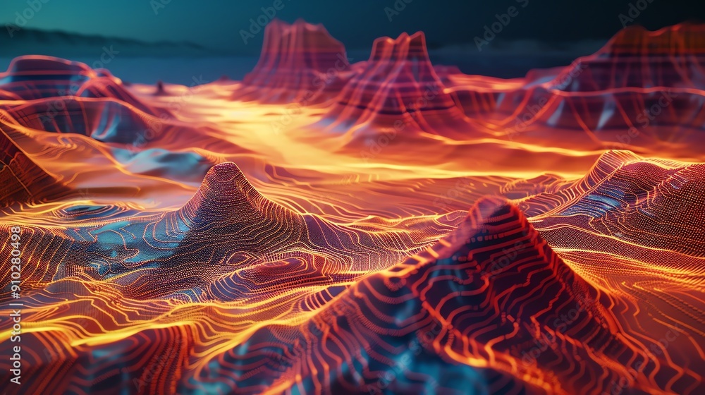 Poster abstract landscape with glowing lines and vibrant colors, creating a surreal and futuristic scene.