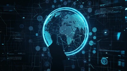 Futuristic scene with blue, green hues features person standing in front of floating globe encircled by complex network lines, dots suggesting system structure. Digital elements blend background