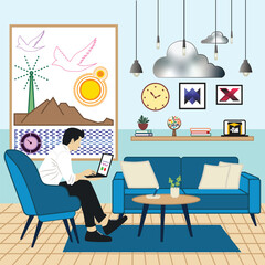 Interior design artwork with businessman sitting on a sofa 