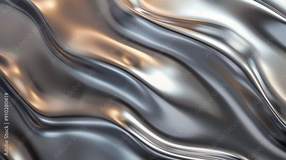 Poster abstract metallic background with a flowing, wavy texture. silver and gray tones create a smooth, el