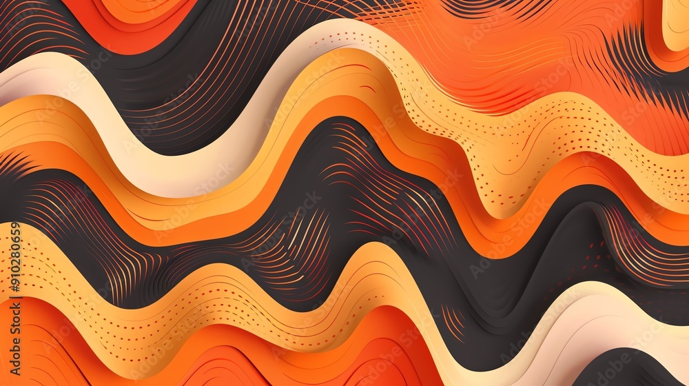 Poster abstract orange, black, and white wavy lines create a dynamic and colorful background pattern.