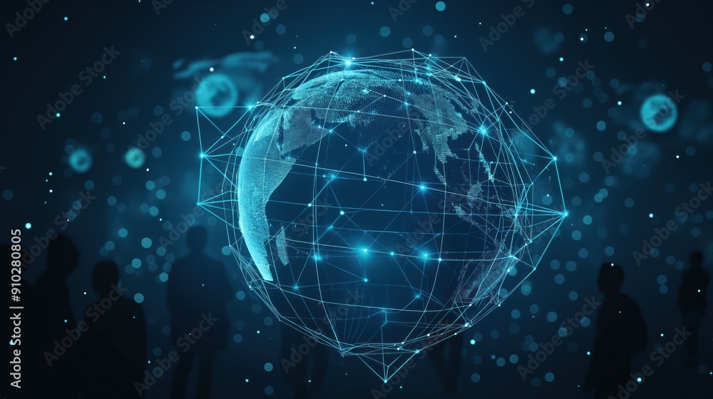 Poster digital illustration of earth as sphere with intricate lines creating complex network of connections