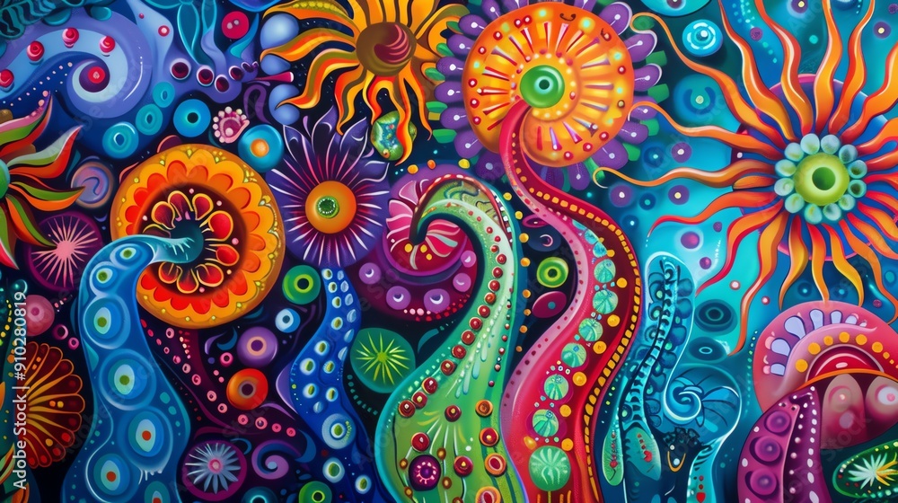Poster abstract psychedelic art with vibrant colors and swirling patterns.