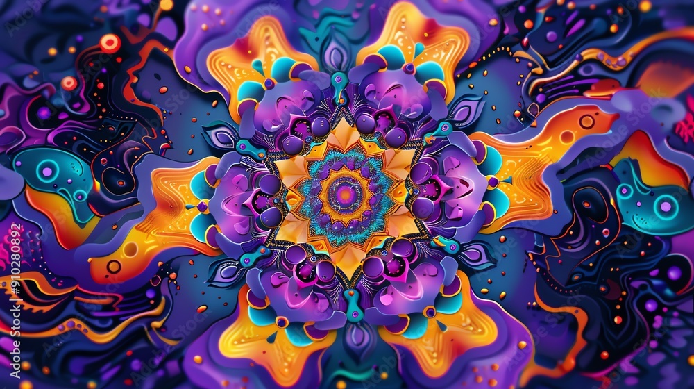 Poster abstract psychedelic background with vibrant colors and swirling patterns.