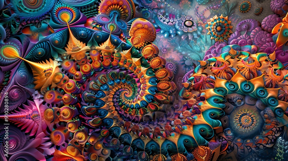 Poster abstract psychedelic background with swirling patterns and vibrant colors.