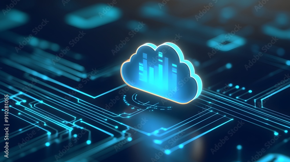 Poster digital cloud technology concept showcasing data transfer and storage on a futuristic circuit board.