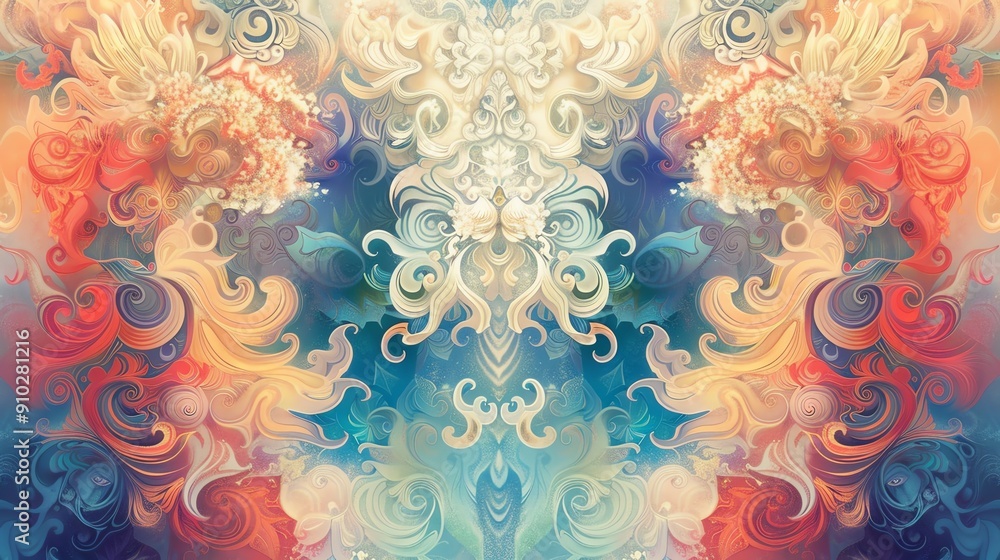 Aufkleber abstract symmetrical pattern in vibrant colors with swirling shapes and intricate details.