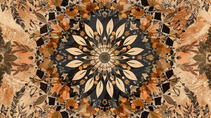 Abstract symmetrical pattern with intricate details in brown, black, and white.  Suitable for backgrounds, textures, and design elements.