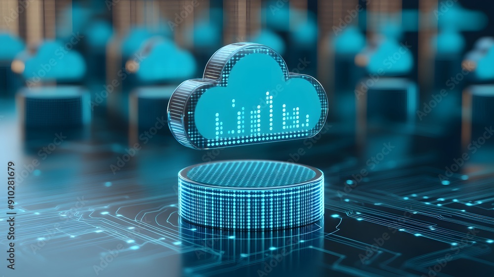 Poster digital cloud technology concept with futuristic data visualization, representing network and cloud 