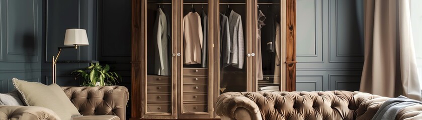 Modern bedroom interior with a wooden wardrobe and a plush sofa.