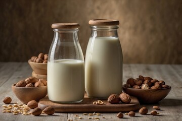 Table Set with Glass Bottles of Milk and Nuts
