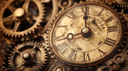 Obraz premium Close up of intricate clockwork gears and a vintage clock face. The image conveys a sense of time and precision. Perfect for concepts of history, mechanics, or time management.