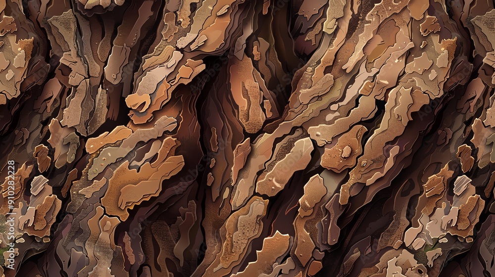 Poster close-up texture of a tree bark, showing intricate patterns and deep brown color.