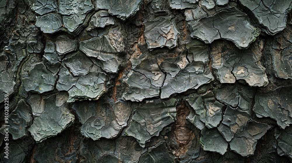 Poster close-up texture of tree bark with deep cracks and rough surface. natural background with green and 
