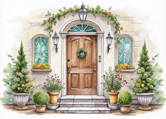 Fototapeta premium Whimsical hand-drawn illustration of a charming house front door with intricate details and ornate decorations on a clean white background, evoking a sense of warmth and welcome.