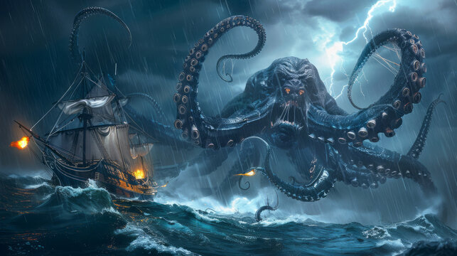 Kraken attacks ship in stormy sea. A fearsome kraken emerges from the stormy sea, attacking a ship with its massive tentacles. Lightning strikes the sky, adding to the dramatic scene.