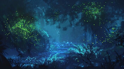 Obraz premium Ethereal blue and green forest scene with glowing fireflies. An enchanting nighttime landscape perfect for fantasy or magical themes.