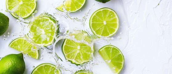 Photography of circular lime juice splash swirl, lime slices floating isolated white background