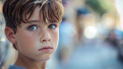 Obraz premium Boy outdoors with freckles and thoughtful eyes on soft focus background