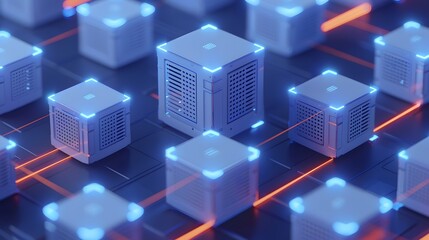 Fototapeta premium Digital futuristic data blocks represent advanced technology and blockchain concepts with a blue neon glow, on a dark background.