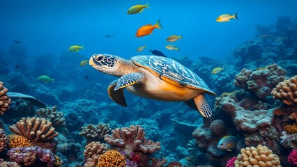Obraz premium Turtle with Colorful Fish Underwater