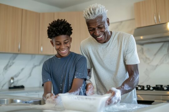 Joyful Grandfather and Grandson Baking Together in a Modern Kitchen