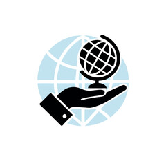 a hand holding geographical blobal icon, isolated white background