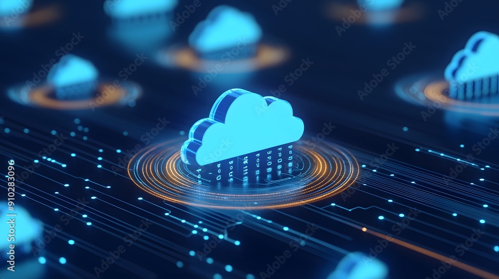 Aufkleber digital illustration of cloud computing network with glowing cloud icons and connection lines, repre