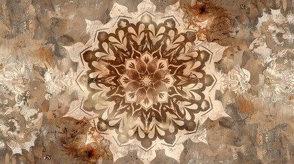 Intricate brown and white mandala design on a textured background.  A symmetrical pattern of flowers and swirls.  Suitable for meditation, spiritual, or design projects.