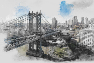 Watercolor art Brooklyn bridge city, NYC, USA