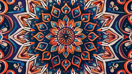 Intricate colorful mandala pattern with blue, orange and white details on a dark blue background.