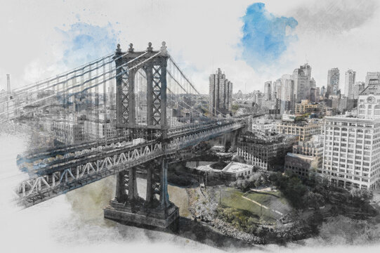 Fototapeta Watercolor art Brooklyn bridge city, NYC, USA