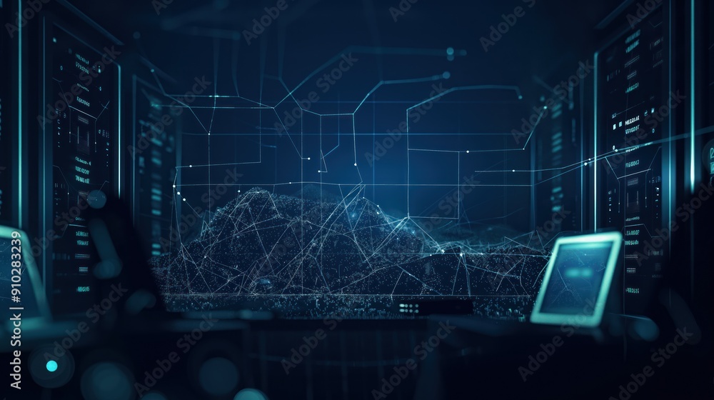 Poster futuristic scene of two computer monitors facing each other in blue gray hues. complex network or sy