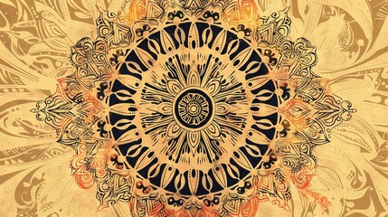 Fototapeta premium Intricate mandala design with swirling patterns in warm yellow and brown tones.