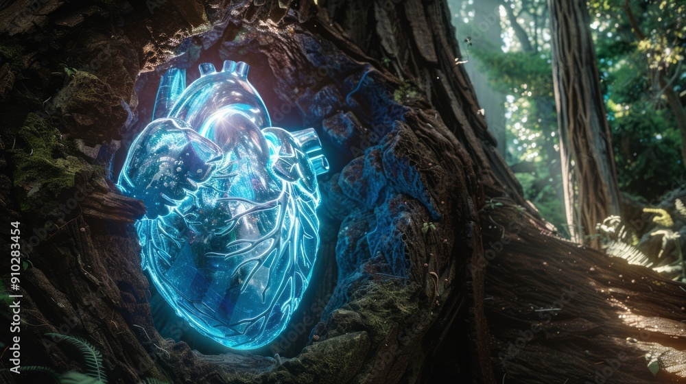 Poster glowing heart in forest tree. a mystical, glowing blue heart is embedded in the trunk of an old, anc