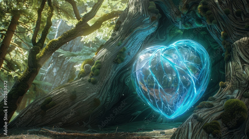 Poster glowing heart in the forest. a mystical heart glows with blue light, nestled within the roots of a t
