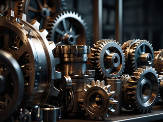 Fototapeta premium Machinery gears and cogs, intricately interlocking and working together, create a complex network of moving parts.