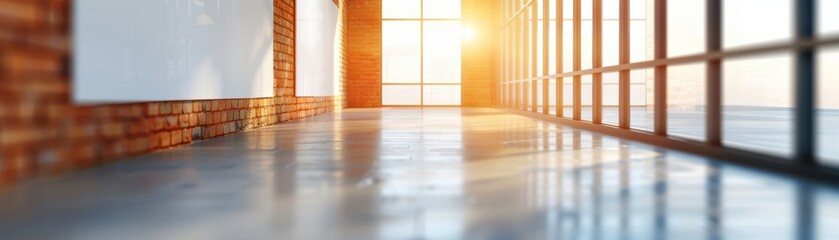 Obraz premium Sunlight streams through large windows into an empty industrial loft space, casting long shadows and highlighting the polished concrete floor.
