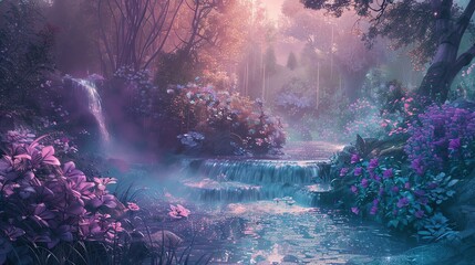 Fototapeta premium Magical, ethereal forest with cascading waterfall and vibrant purple flowers. Sunlight filters through the trees, creating a dreamy atmosphere.