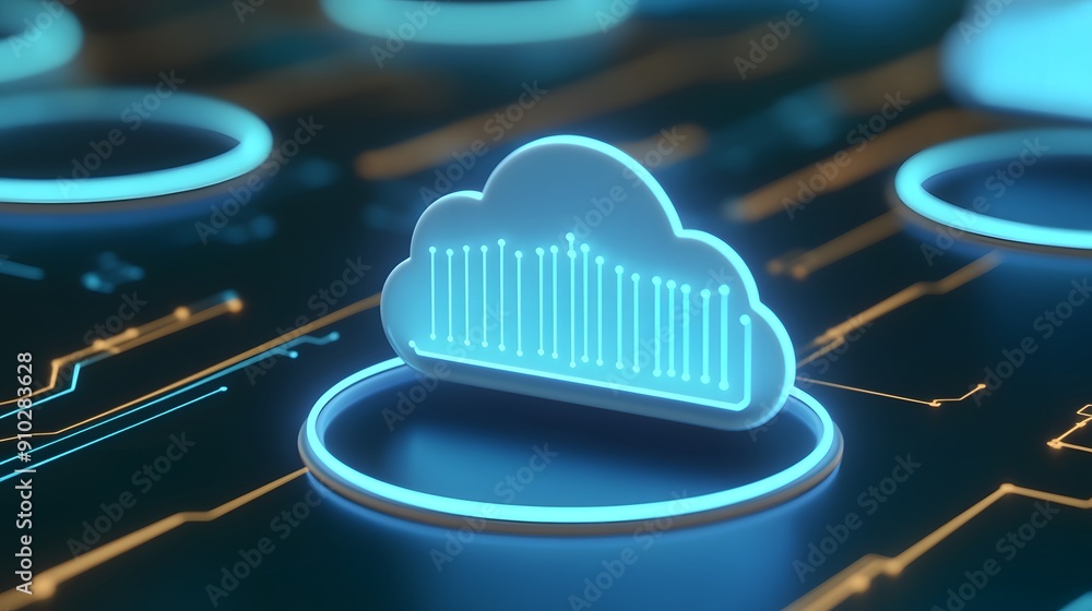 Poster digital illustration of glowing cloud icon representing cloud computing, data storage, and advanced 