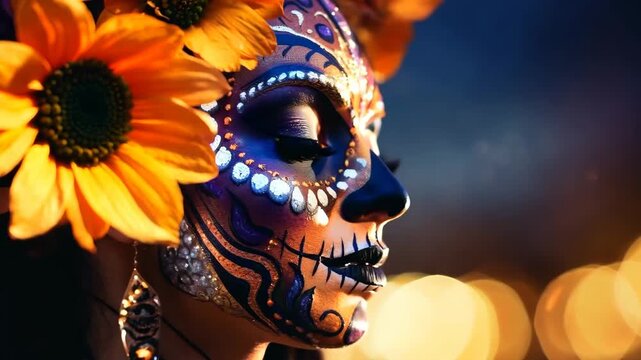 Animation of mexican woman with sugar skull makeup on blurred dark background. Halloween Calavera Catrina costume. Day of the dead. Dia de los muertos. Mexican carnival, Santa Muerte