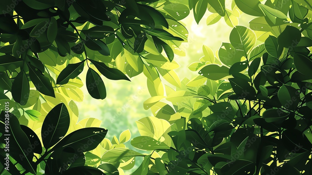 Poster sunlight filters through lush green foliage, creating a dappled pattern of light and shadow.