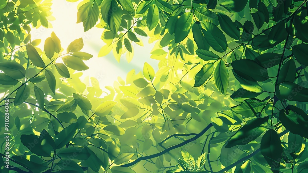 Poster sunlight filters through lush green leaves, creating a dappled effect.